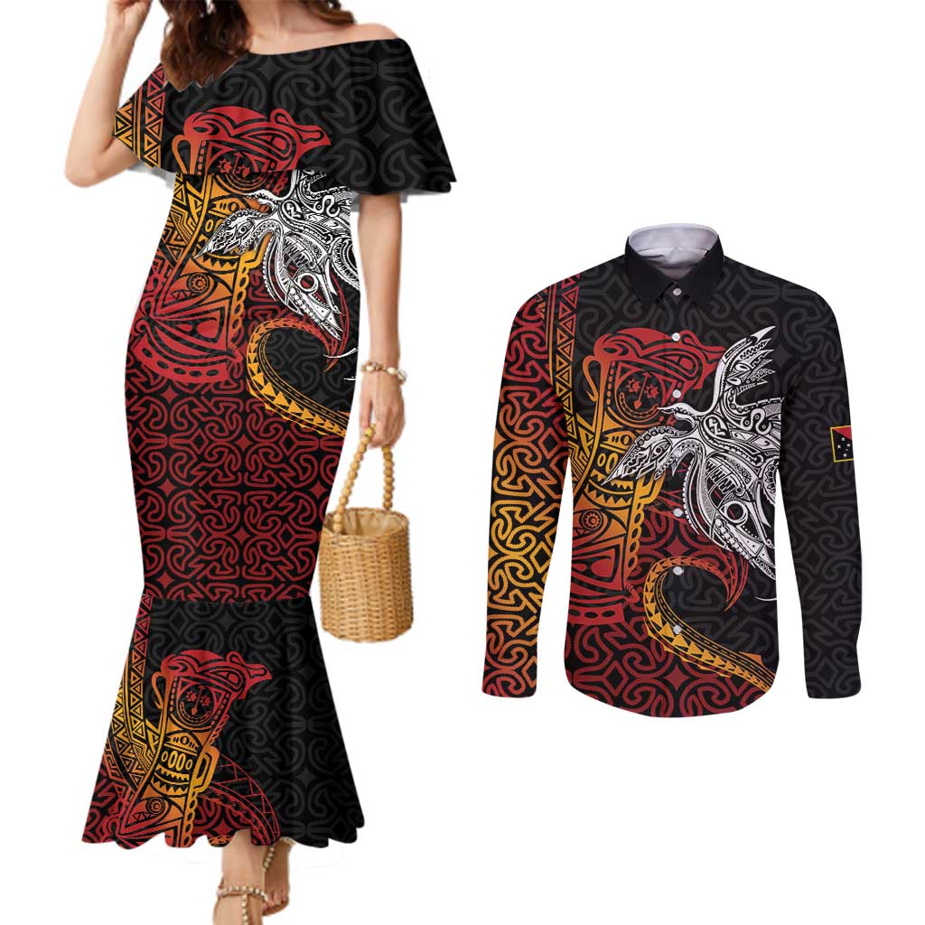 Papua New Guinea Sepik Personalised Couples Matching Mermaid Dress and Long Sleeve Button Shirt PNG Bird of Paradise Tattoo LT9 Black - Polynesian Pride
