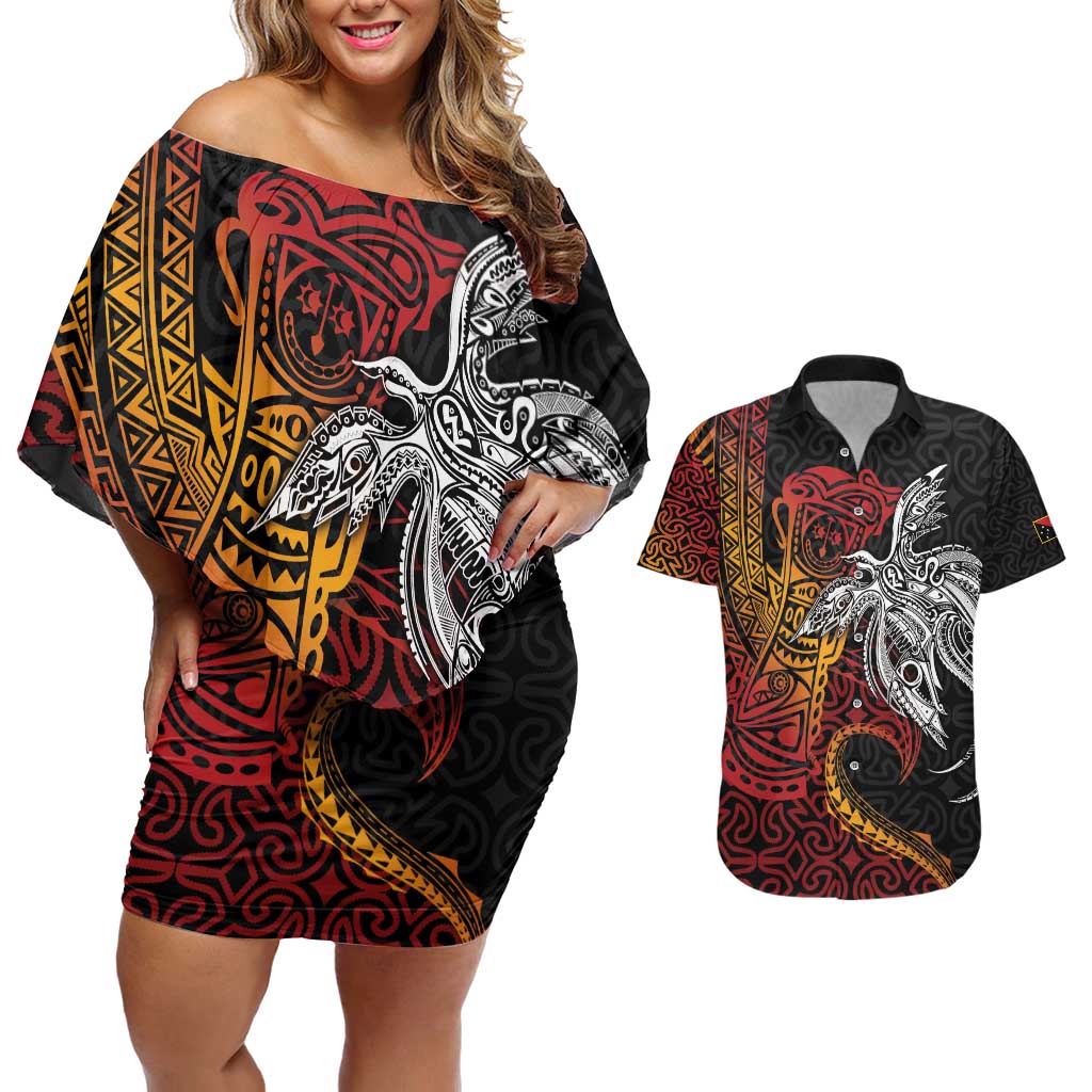 Papua New Guinea Sepik Personalised Couples Matching Off Shoulder Short Dress and Hawaiian Shirt PNG Bird of Paradise Tattoo LT9 Black - Polynesian Pride