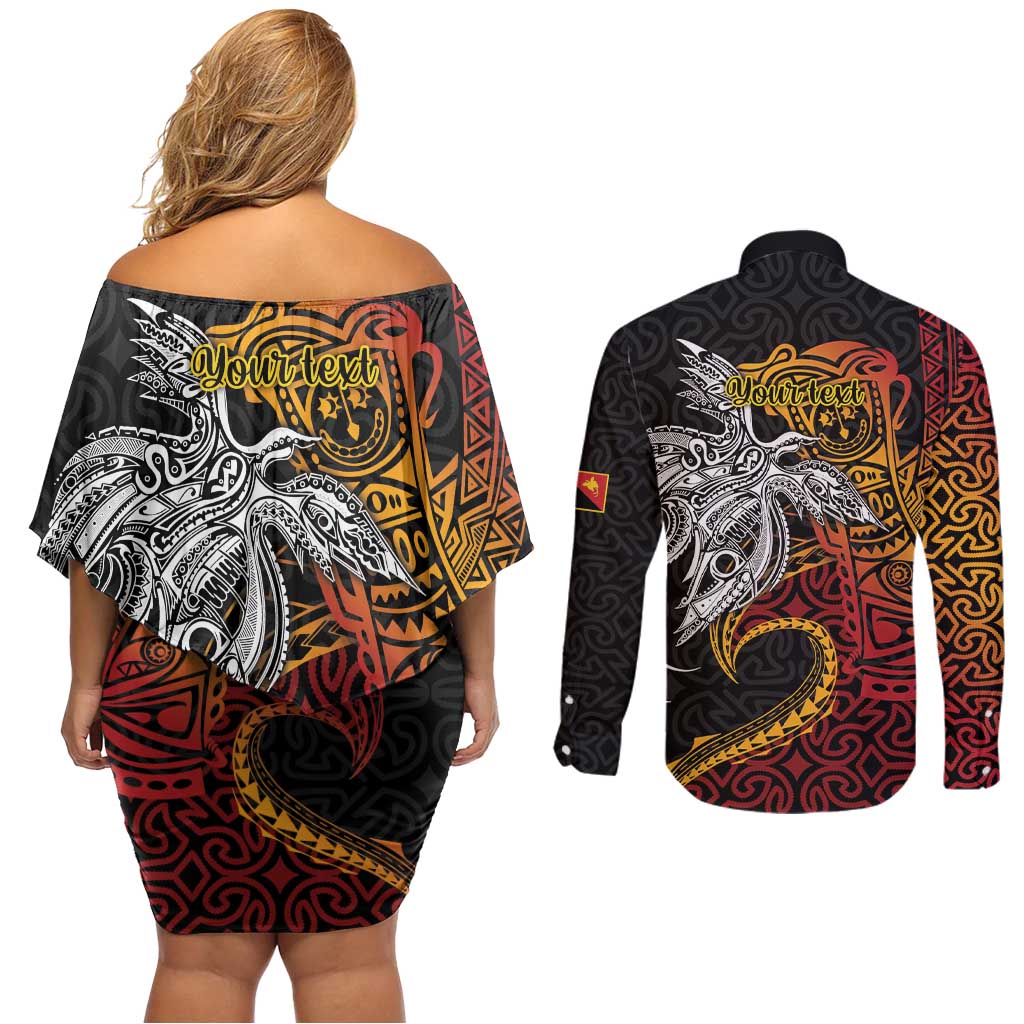Papua New Guinea Sepik Personalised Couples Matching Off Shoulder Short Dress and Long Sleeve Button Shirt PNG Bird of Paradise Tattoo LT9 - Polynesian Pride