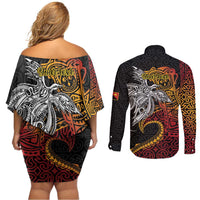 Papua New Guinea Sepik Personalised Couples Matching Off Shoulder Short Dress and Long Sleeve Button Shirt PNG Bird of Paradise Tattoo LT9 - Polynesian Pride