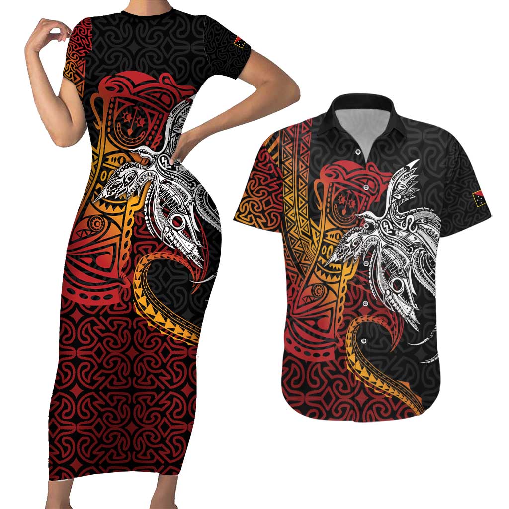 Papua New Guinea Sepik Personalised Couples Matching Short Sleeve Bodycon Dress and Hawaiian Shirt PNG Bird of Paradise Tattoo LT9 Black - Polynesian Pride