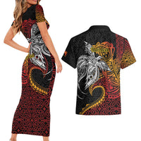 Papua New Guinea Sepik Personalised Couples Matching Short Sleeve Bodycon Dress and Hawaiian Shirt PNG Bird of Paradise Tattoo LT9 - Polynesian Pride