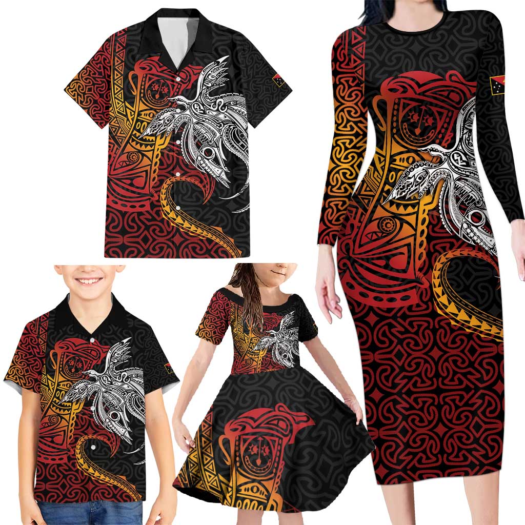 Papua New Guinea Sepik Personalised Family Matching Long Sleeve Bodycon Dress and Hawaiian Shirt PNG Bird of Paradise Tattoo LT9 - Polynesian Pride