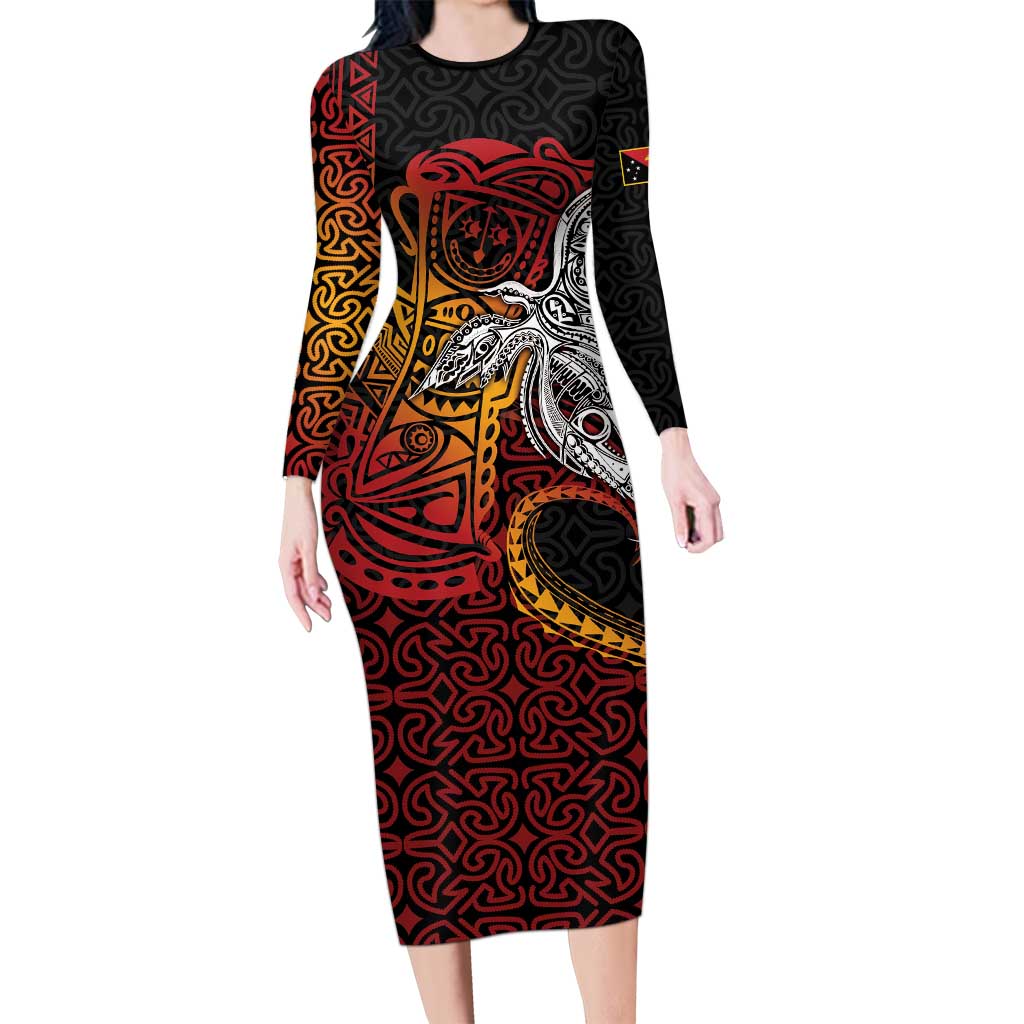 Papua New Guinea Sepik Personalised Family Matching Long Sleeve Bodycon Dress and Hawaiian Shirt PNG Bird of Paradise Tattoo LT9 Mom's Dress Black - Polynesian Pride