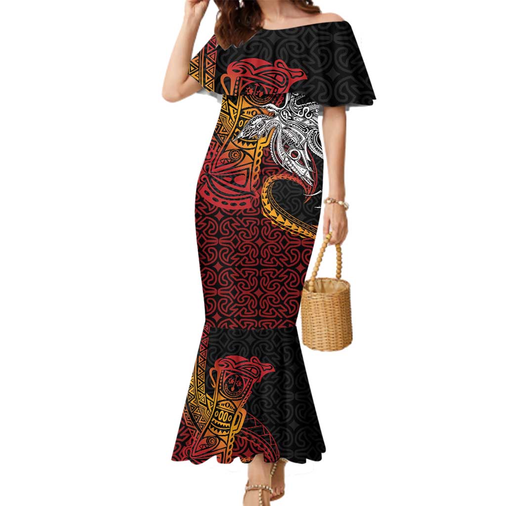 Papua New Guinea Sepik Personalised Family Matching Mermaid Dress and Hawaiian Shirt PNG Bird of Paradise Tattoo LT9 Mom's Dress Black - Polynesian Pride