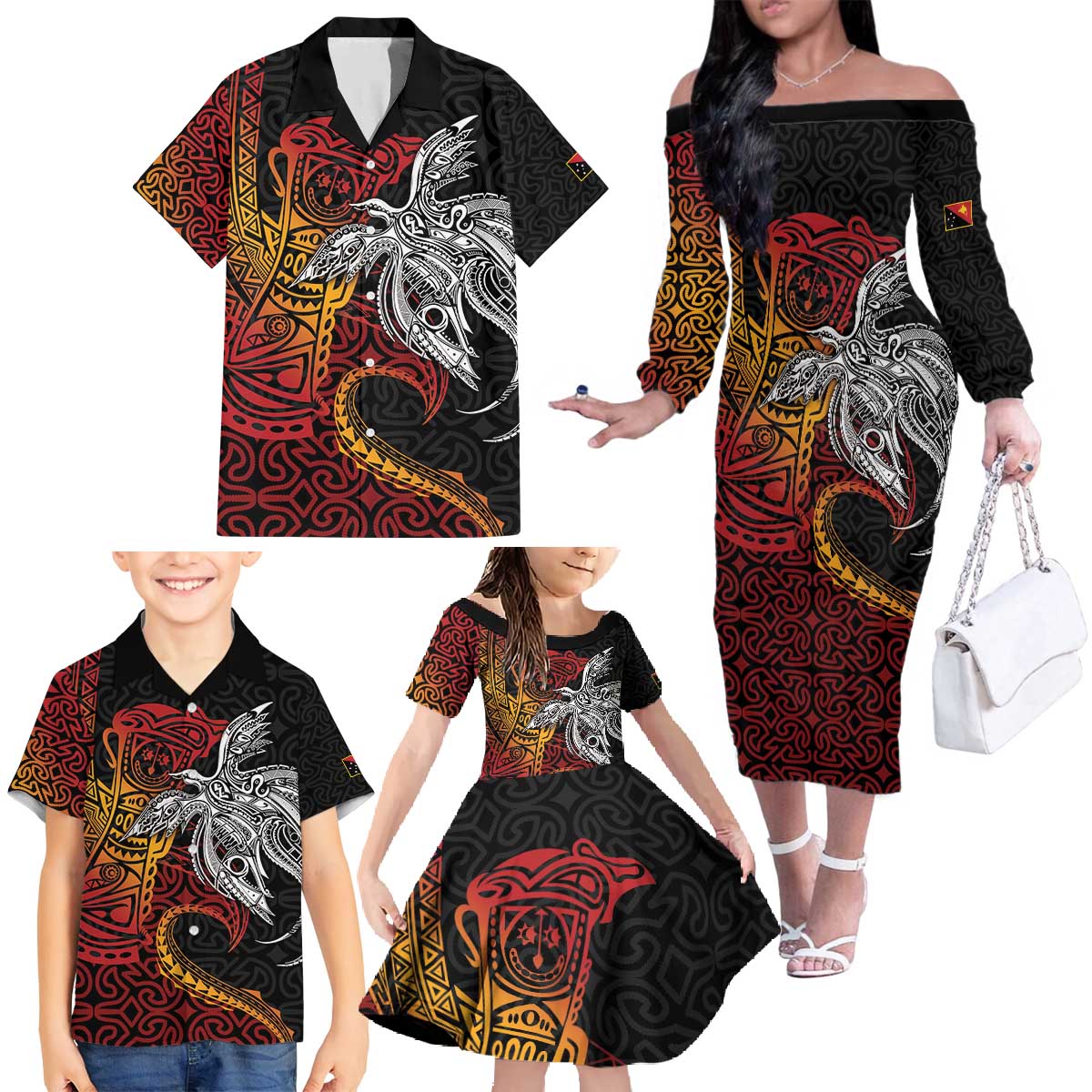 Papua New Guinea Sepik Personalised Family Matching Off The Shoulder Long Sleeve Dress and Hawaiian Shirt PNG Bird of Paradise Tattoo LT9 - Polynesian Pride
