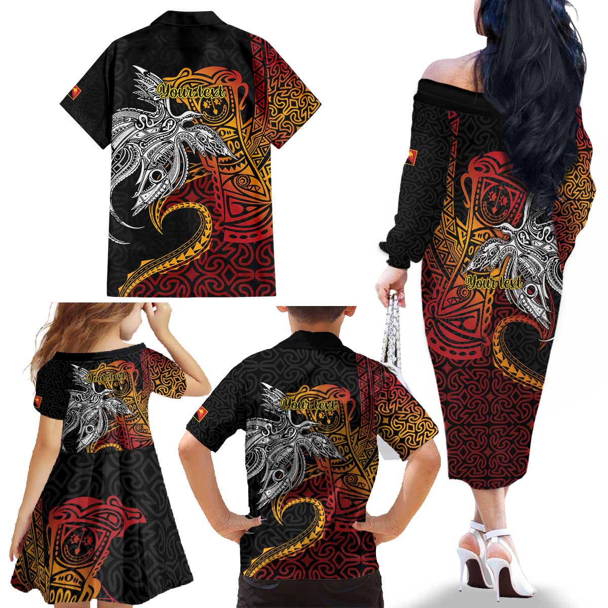 Papua New Guinea Sepik Personalised Family Matching Off The Shoulder Long Sleeve Dress and Hawaiian Shirt PNG Bird of Paradise Tattoo LT9 - Polynesian Pride