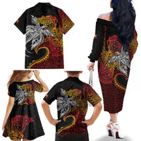 Papua New Guinea Sepik Personalised Family Matching Off The Shoulder Long Sleeve Dress and Hawaiian Shirt PNG Bird of Paradise Tattoo LT9 - Polynesian Pride