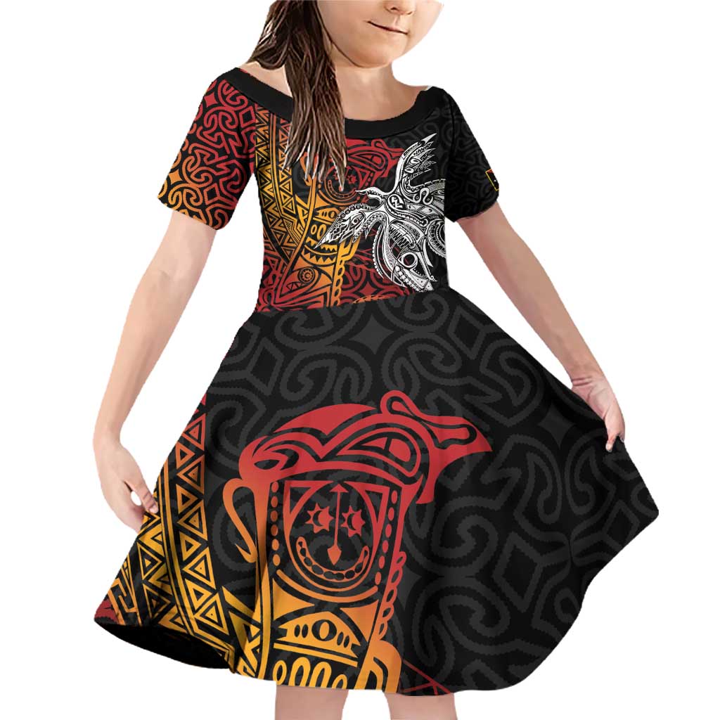 Papua New Guinea Sepik Personalised Family Matching Off Shoulder Short Dress and Hawaiian Shirt PNG Bird of Paradise Tattoo LT9 Daughter's Dress Black - Polynesian Pride