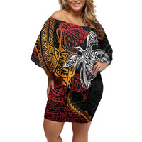 Papua New Guinea Sepik Personalised Family Matching Off Shoulder Short Dress and Hawaiian Shirt PNG Bird of Paradise Tattoo LT9 Mom's Dress Black - Polynesian Pride
