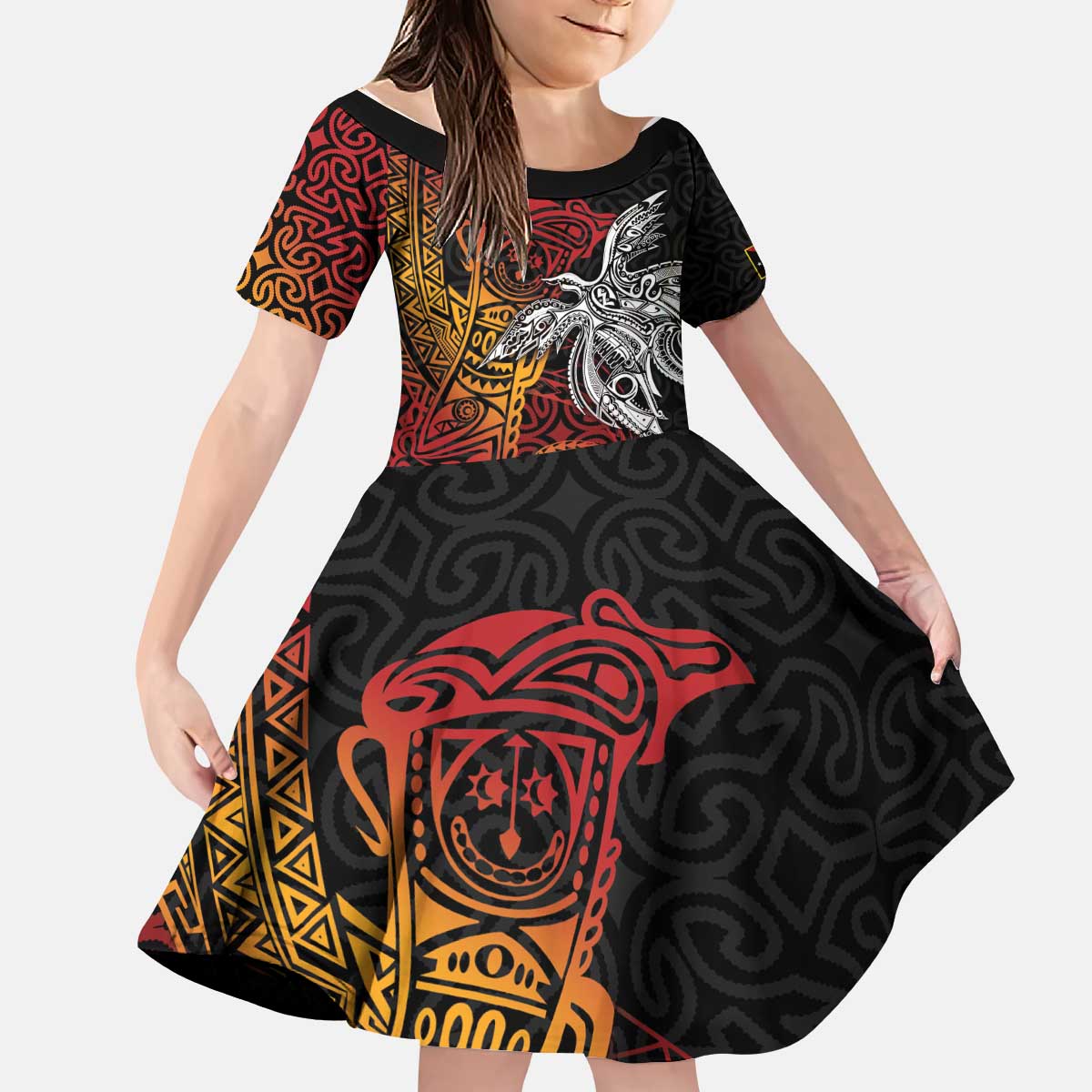 Papua New Guinea Sepik Personalised Kid Short Sleeve Dress PNG Bird of Paradise Tattoo LT9 KID Black - Polynesian Pride