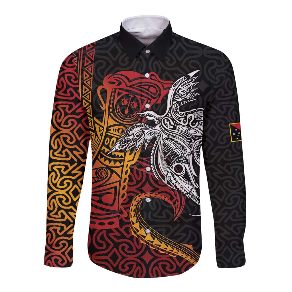 Papua New Guinea Sepik Personalised Long Sleeve Button Shirt PNG Bird of Paradise Tattoo LT9 Unisex Black - Polynesian Pride