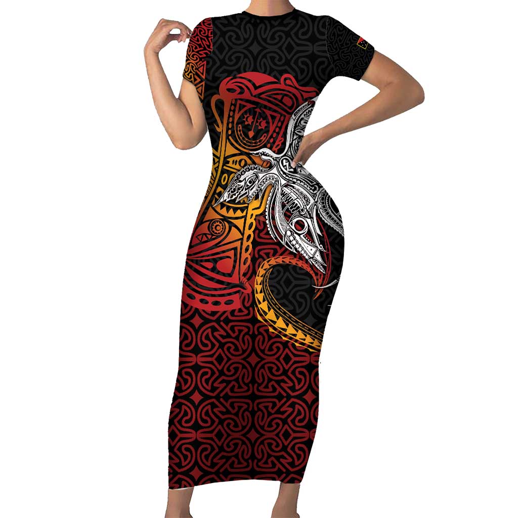 Papua New Guinea Sepik Personalised Short Sleeve Bodycon Dress PNG Bird of Paradise Tattoo LT9 Long Dress Black - Polynesian Pride