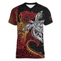 Papua New Guinea Sepik Personalised Women V-Neck T-Shirt PNG Bird of Paradise Tattoo LT9 Female Black - Polynesian Pride