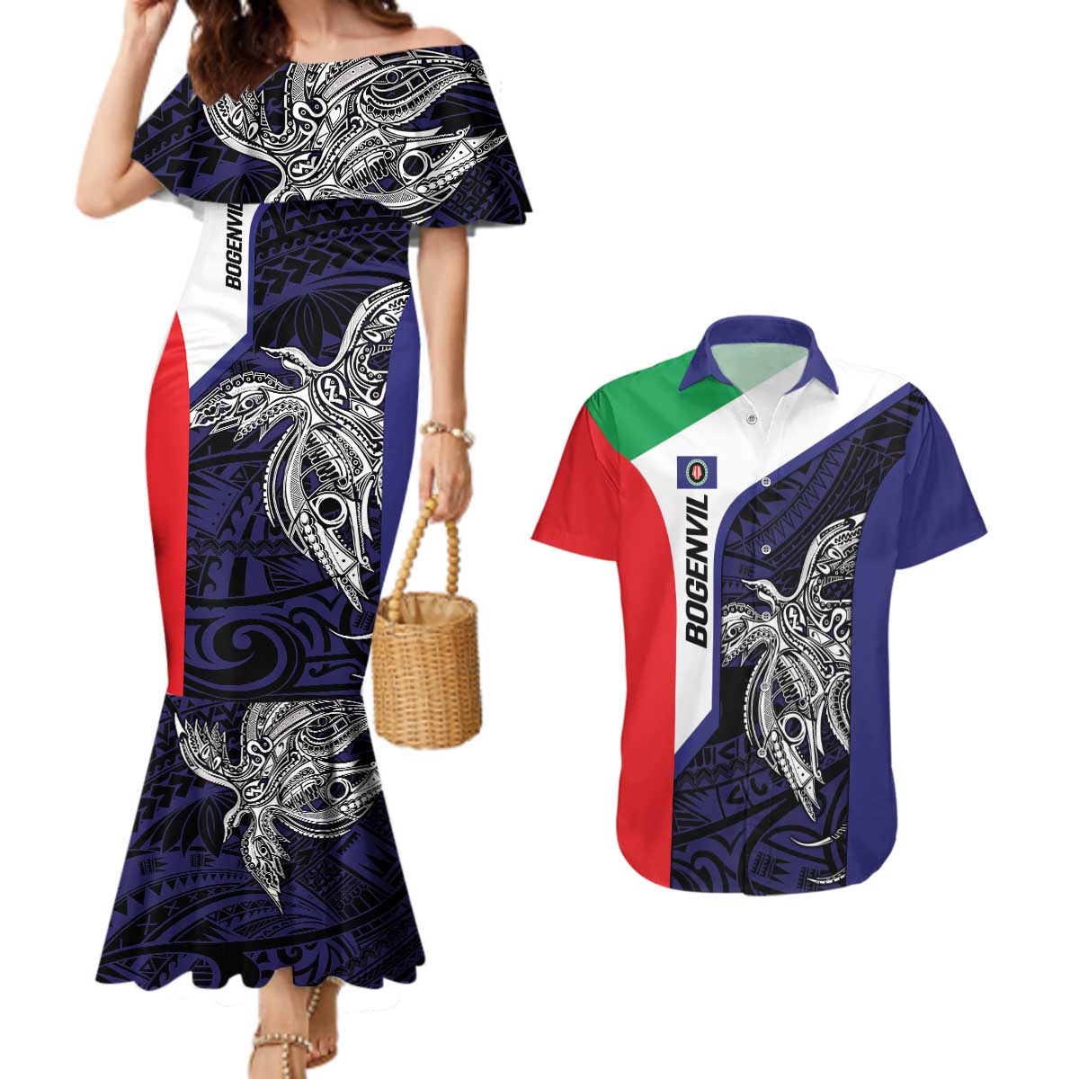 Personalised PNG Bougainville Couples Matching Mermaid Dress and Hawaiian Shirt Bird of Paradise Tattoo Flag Motif LT9 Blue - Polynesian Pride