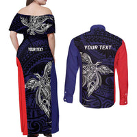 Personalised PNG Bougainville Couples Matching Off Shoulder Maxi Dress and Long Sleeve Button Shirt Bird of Paradise Tattoo Flag Motif LT9 - Polynesian Pride