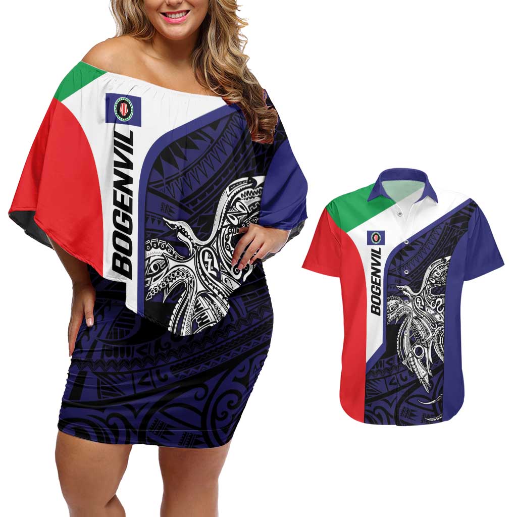 Personalised PNG Bougainville Couples Matching Off Shoulder Short Dress and Hawaiian Shirt Bird of Paradise Tattoo Flag Motif LT9 Blue - Polynesian Pride