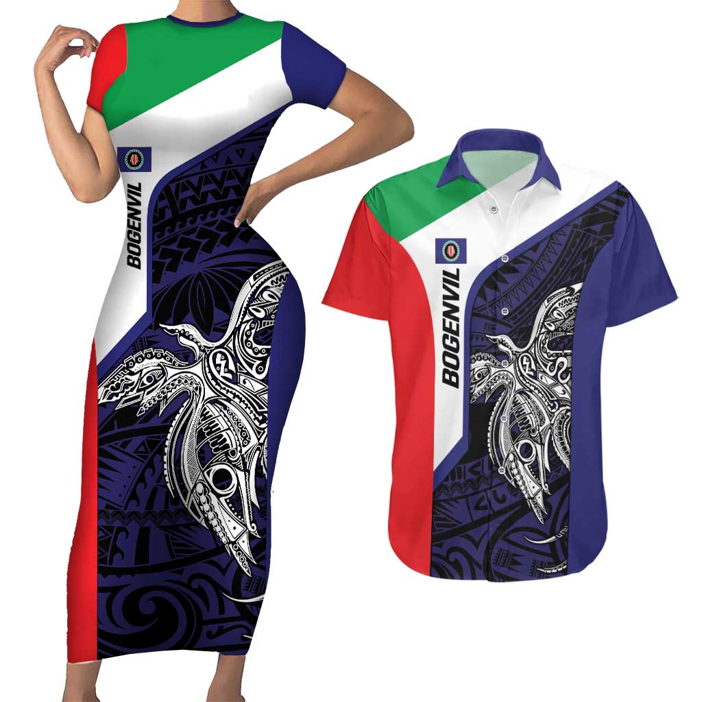 Personalised PNG Bougainville Couples Matching Short Sleeve Bodycon Dress and Hawaiian Shirt Bird of Paradise Tattoo Flag Motif LT9 Blue - Polynesian Pride