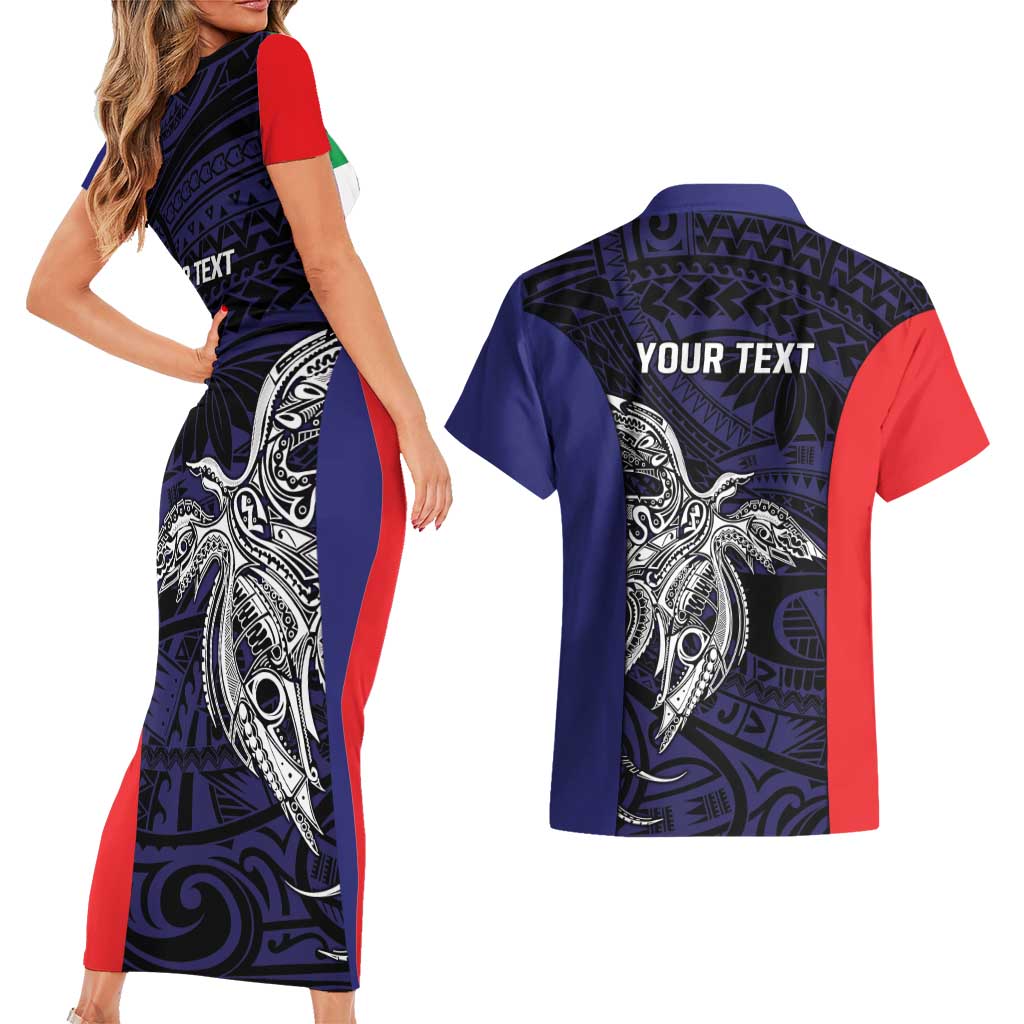 Personalised PNG Bougainville Couples Matching Short Sleeve Bodycon Dress and Hawaiian Shirt Bird of Paradise Tattoo Flag Motif LT9 - Polynesian Pride