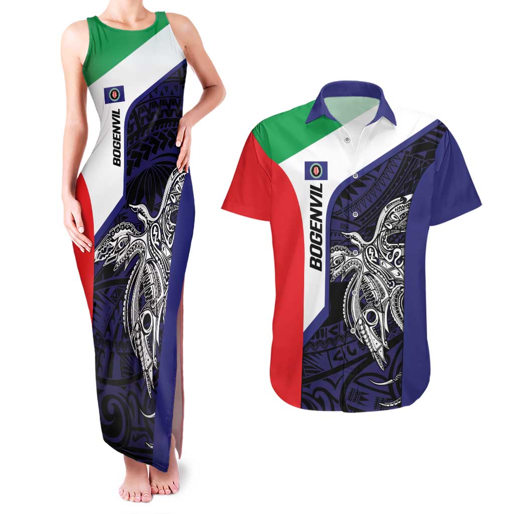 Personalised PNG Bougainville Couples Matching Tank Maxi Dress and Hawaiian Shirt Bird of Paradise Tattoo Flag Motif - Polynesian Pride