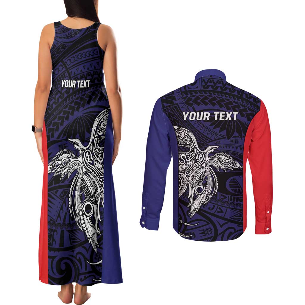 Personalised PNG Bougainville Couples Matching Tank Maxi Dress and Long Sleeve Button Shirt Bird of Paradise Tattoo Flag Motif LT9 - Polynesian Pride