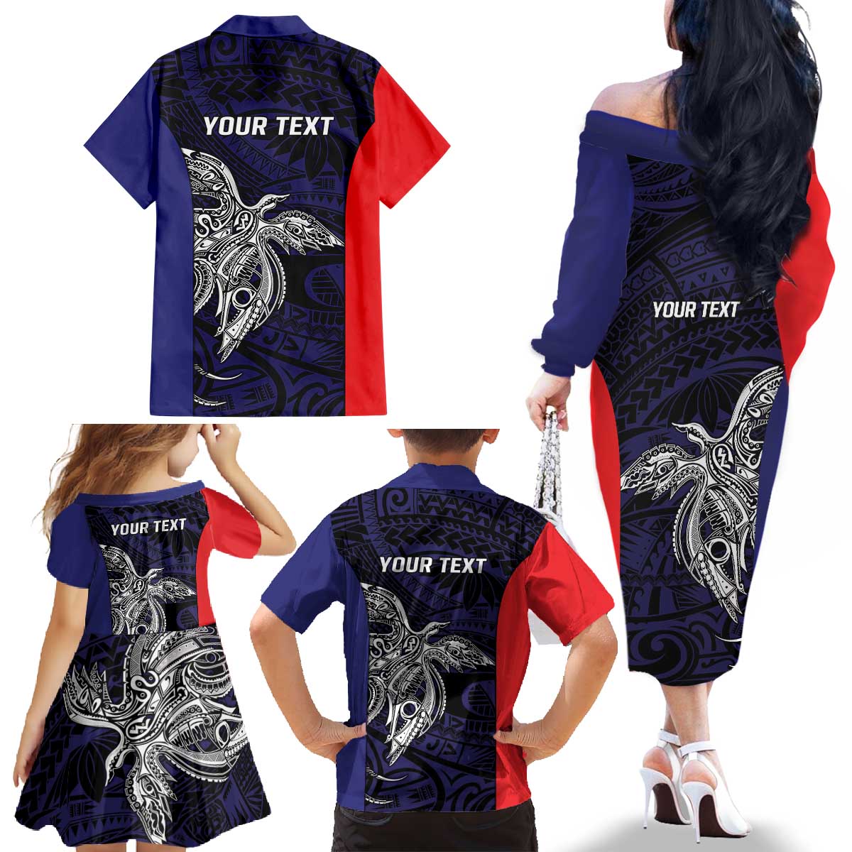 Personalised PNG Bougainville Family Matching Off The Shoulder Long Sleeve Dress and Hawaiian Shirt Bird of Paradise Tattoo Flag Motif LT9 - Polynesian Pride
