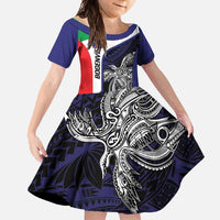 Personalised PNG Bougainville Family Matching Off Shoulder Maxi Dress and Hawaiian Shirt Bird of Paradise Tattoo Flag Motif LT9 Daughter's Dress Blue - Polynesian Pride