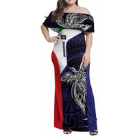 Personalised PNG Bougainville Family Matching Off Shoulder Maxi Dress and Hawaiian Shirt Bird of Paradise Tattoo Flag Motif LT9 Mom's Dress Blue - Polynesian Pride