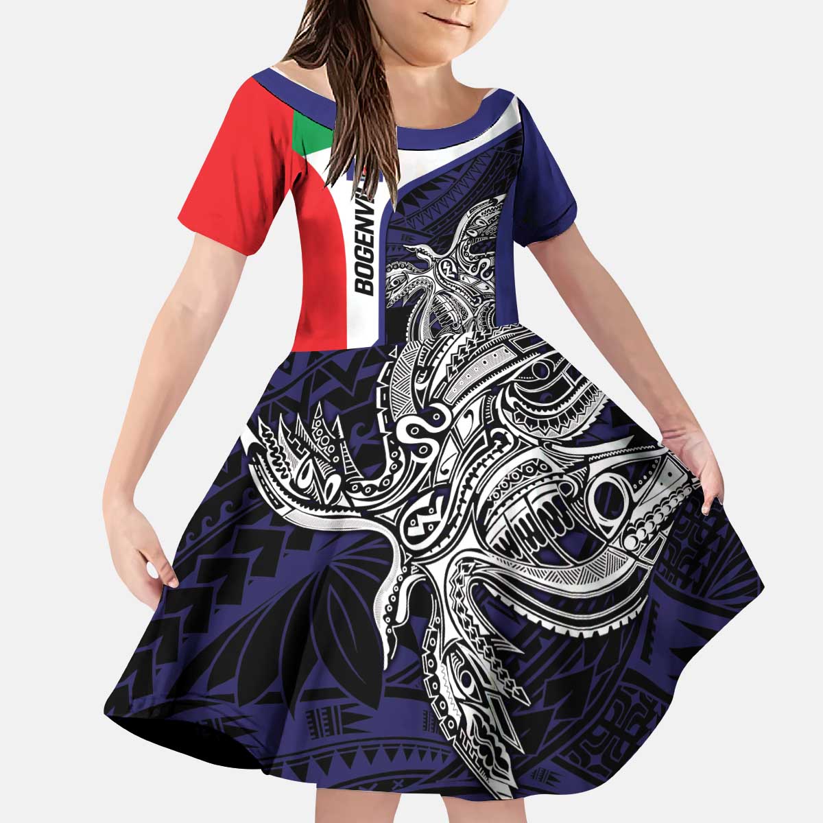 Personalised PNG Bougainville Kid Short Sleeve Dress Bird of Paradise Tattoo Flag Motif LT9 KID Blue - Polynesian Pride