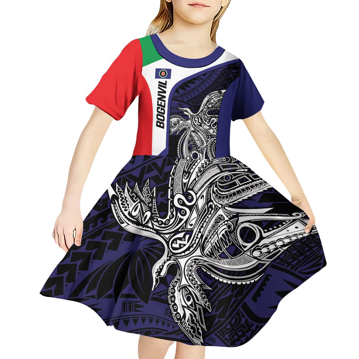 Personalised PNG Bougainville Kid Short Sleeve Dress Bird of Paradise Tattoo Flag Motif LT9 - Polynesian Pride