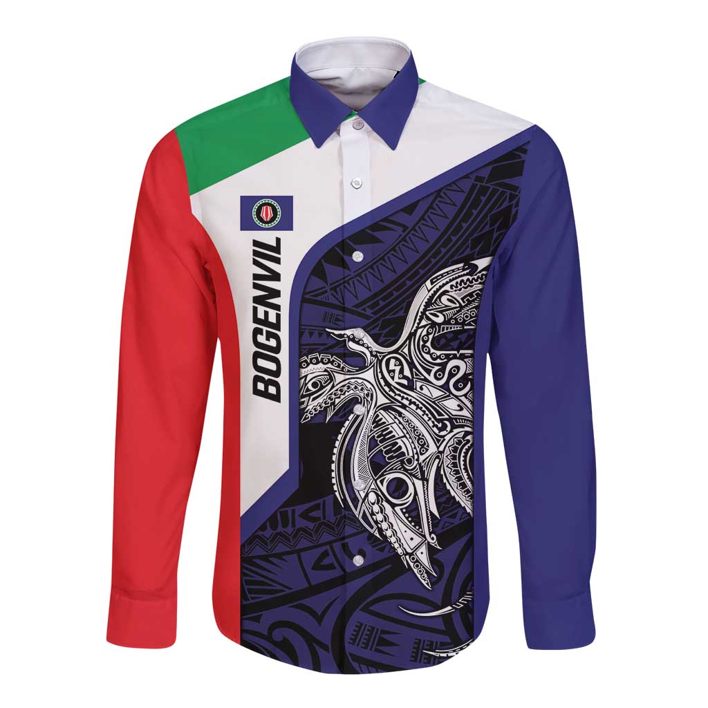 Personalised PNG Bougainville Long Sleeve Button Shirt Bird of Paradise Tattoo Flag Motif LT9 Unisex Blue - Polynesian Pride