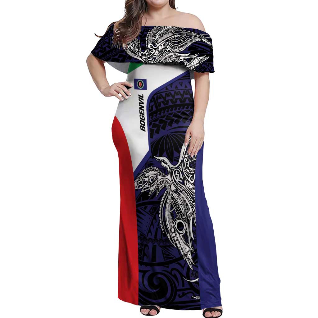 Personalised PNG Bougainville Off Shoulder Maxi Dress Bird of Paradise Tattoo Flag Motif LT9 Women Blue - Polynesian Pride