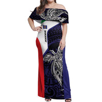 Personalised PNG Bougainville Off Shoulder Maxi Dress Bird of Paradise Tattoo Flag Motif LT9 Women Blue - Polynesian Pride