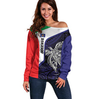 Personalised PNG Bougainville Off Shoulder Sweater Bird of Paradise Tattoo Flag Motif LT9 Women Blue - Polynesian Pride