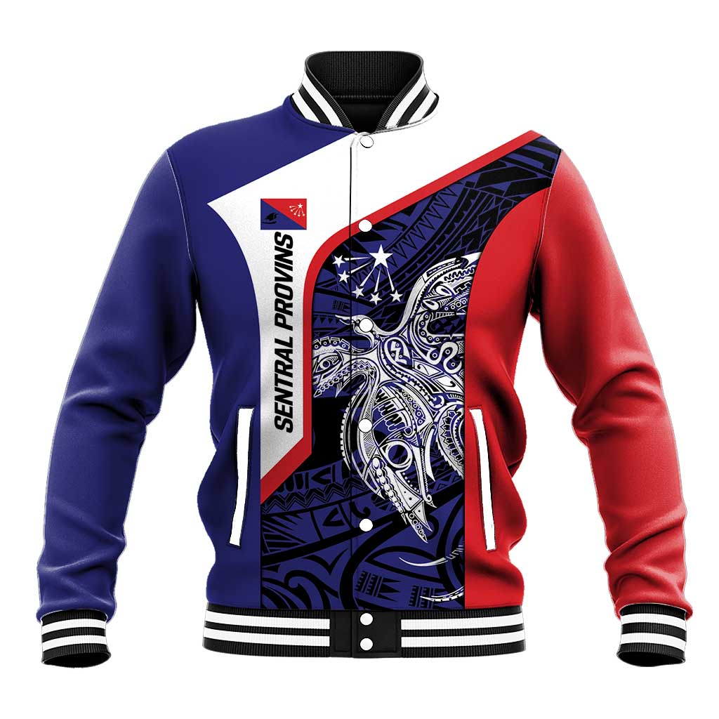Personalised PNG Central Province Baseball Jacket Bird of Paradise Tattoo Flag Motif LT9 Unisex Blue - Polynesian Pride