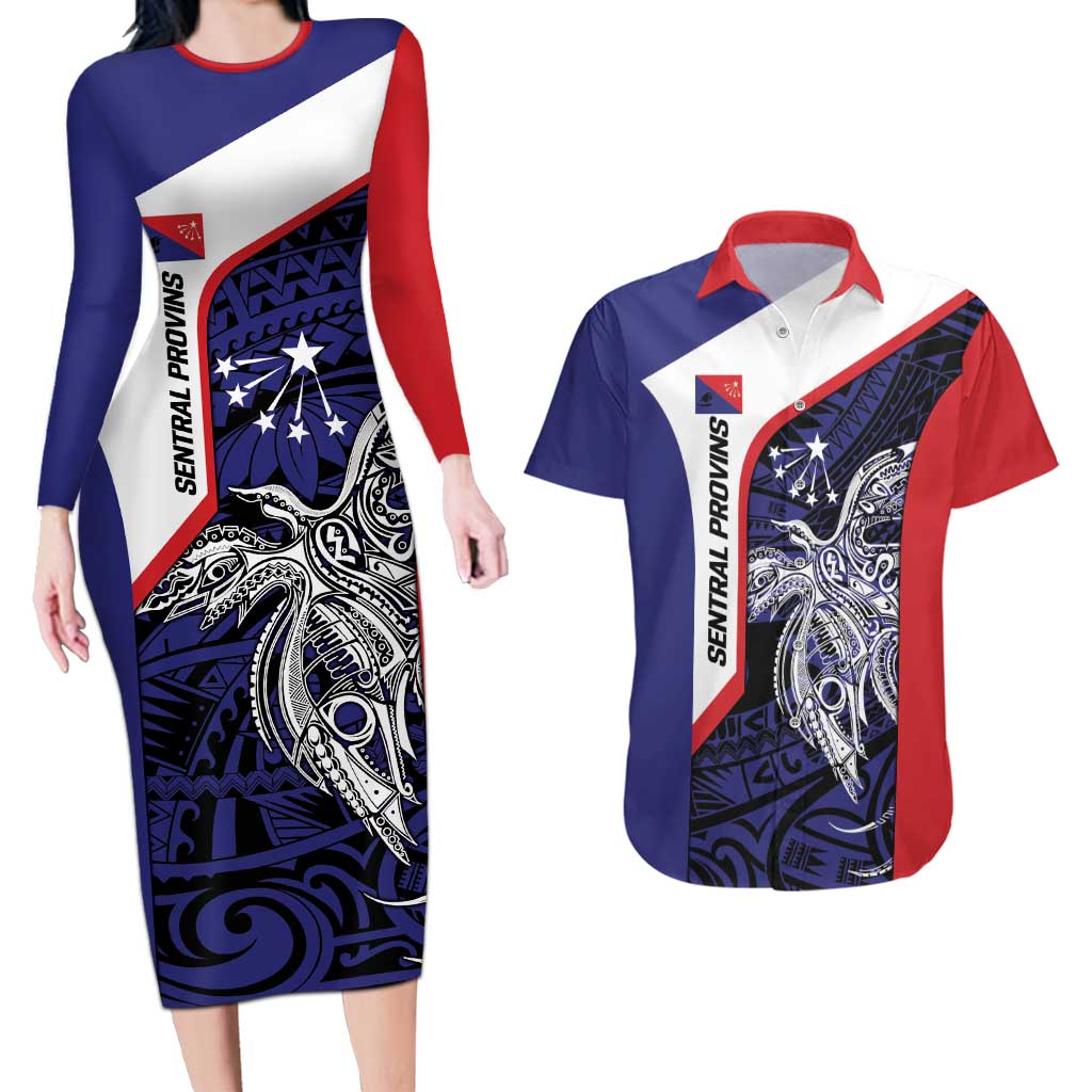 Personalised PNG Central Province Couples Matching Long Sleeve Bodycon Dress and Hawaiian Shirt Bird of Paradise Tattoo Flag Motif - Polynesian Pride