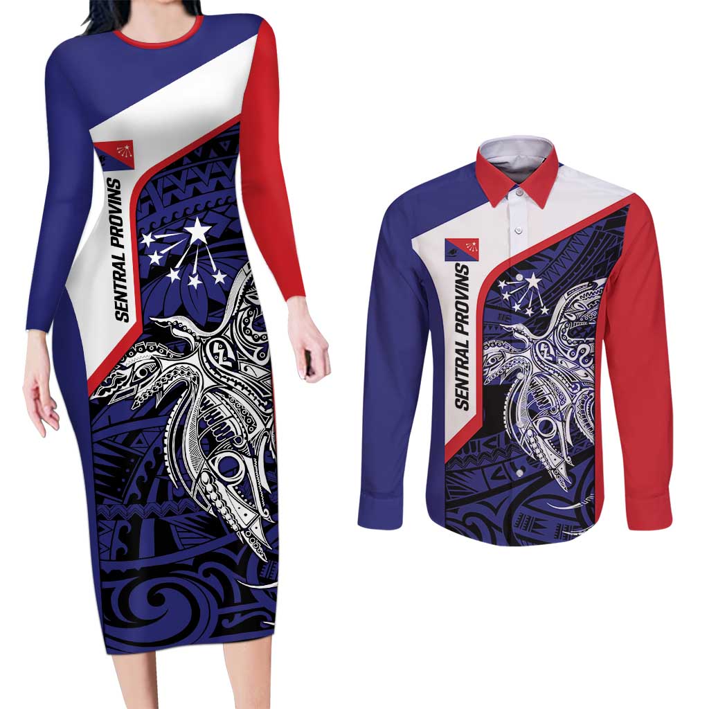 Personalised PNG Central Province Couples Matching Long Sleeve Bodycon Dress and Long Sleeve Button Shirt Bird of Paradise Tattoo Flag Motif LT9 Blue - Polynesian Pride