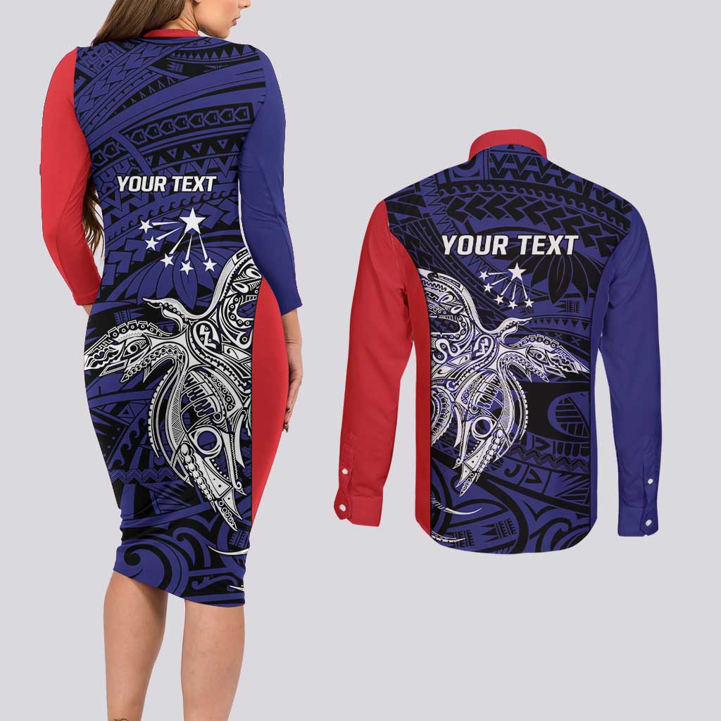 Personalised PNG Central Province Couples Matching Long Sleeve Bodycon Dress and Long Sleeve Button Shirt Bird of Paradise Tattoo Flag Motif LT9 - Polynesian Pride
