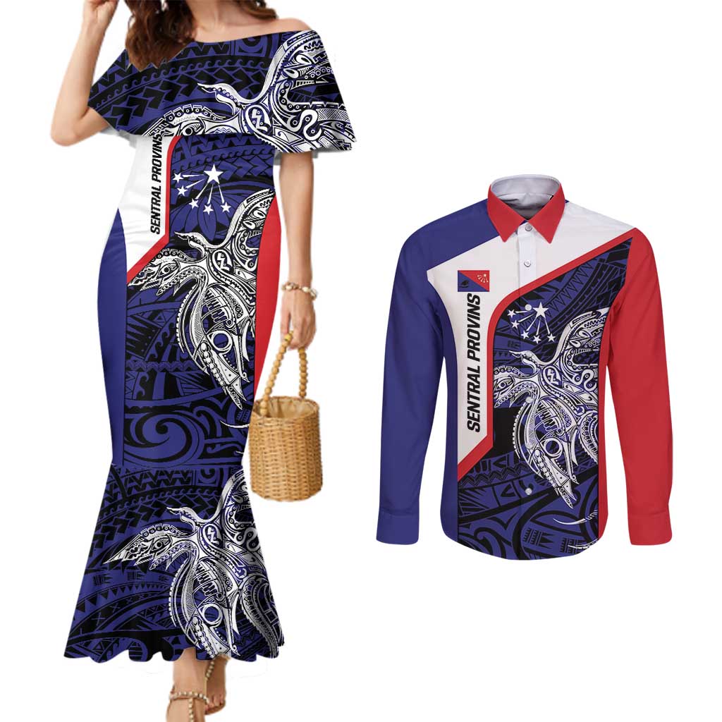 Personalised PNG Central Province Couples Matching Mermaid Dress and Long Sleeve Button Shirt Bird of Paradise Tattoo Flag Motif LT9 Blue - Polynesian Pride