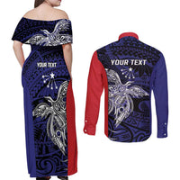 Personalised PNG Central Province Couples Matching Off Shoulder Maxi Dress and Long Sleeve Button Shirt Bird of Paradise Tattoo Flag Motif LT9 - Polynesian Pride
