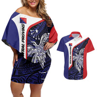 Personalised PNG Central Province Couples Matching Off Shoulder Short Dress and Hawaiian Shirt Bird of Paradise Tattoo Flag Motif LT9 Blue - Polynesian Pride