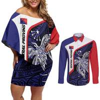 Personalised PNG Central Province Couples Matching Off Shoulder Short Dress and Long Sleeve Button Shirt Bird of Paradise Tattoo Flag Motif LT9 Blue - Polynesian Pride