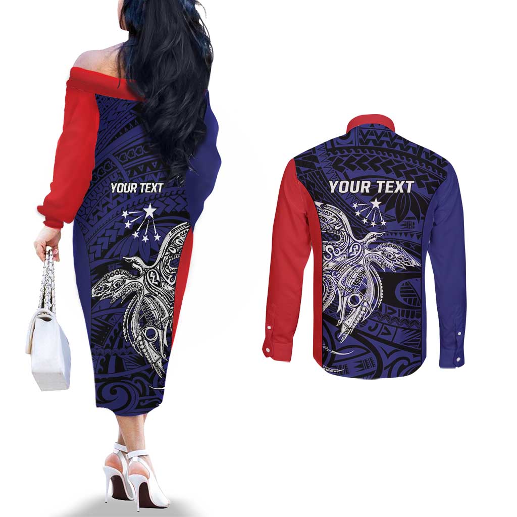 Personalised PNG Central Province Couples Matching Off The Shoulder Long Sleeve Dress and Long Sleeve Button Shirt Bird of Paradise Tattoo Flag Motif LT9 - Polynesian Pride