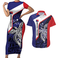 Personalised PNG Central Province Couples Matching Short Sleeve Bodycon Dress and Hawaiian Shirt Bird of Paradise Tattoo Flag Motif LT9 Blue - Polynesian Pride