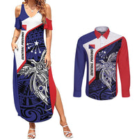 Personalised PNG Central Province Couples Matching Summer Maxi Dress and Long Sleeve Button Shirt Bird of Paradise Tattoo Flag Motif LT9 Blue - Polynesian Pride