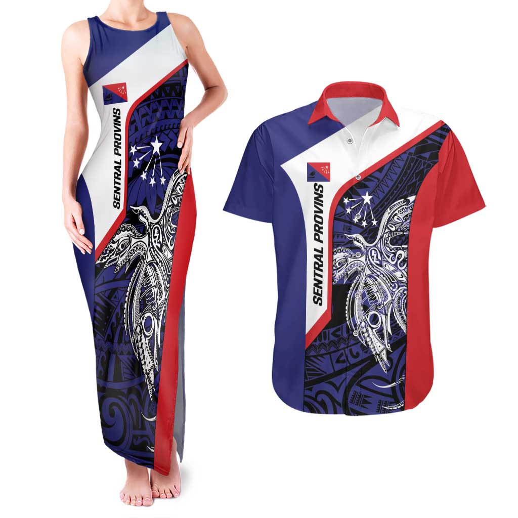 Personalised PNG Central Province Couples Matching Tank Maxi Dress and Hawaiian Shirt Bird of Paradise Tattoo Flag Motif - Polynesian Pride