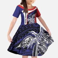 Personalised PNG Central Province Family Matching Mermaid Dress and Hawaiian Shirt Bird of Paradise Tattoo Flag Motif LT9 Daughter's Dress Blue - Polynesian Pride