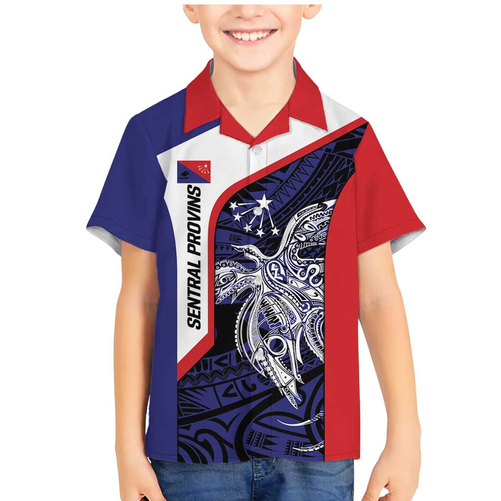Personalised PNG Central Province Family Matching Mermaid Dress and Hawaiian Shirt Bird of Paradise Tattoo Flag Motif LT9 Son's Shirt Blue - Polynesian Pride