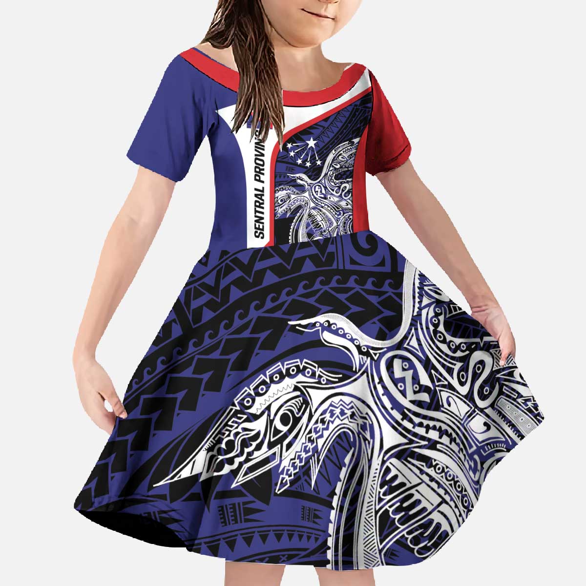 Personalised PNG Central Province Family Matching Off The Shoulder Long Sleeve Dress and Hawaiian Shirt Bird of Paradise Tattoo Flag Motif LT9 Daughter's Dress Blue - Polynesian Pride