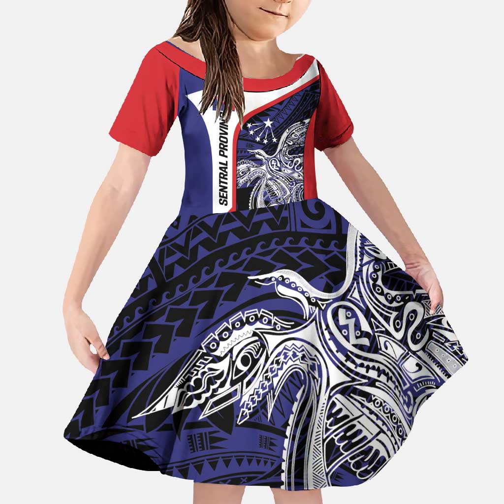 Personalised PNG Central Province Family Matching Off Shoulder Maxi Dress and Hawaiian Shirt Bird of Paradise Tattoo Flag Motif LT9 Daughter's Dress Blue - Polynesian Pride
